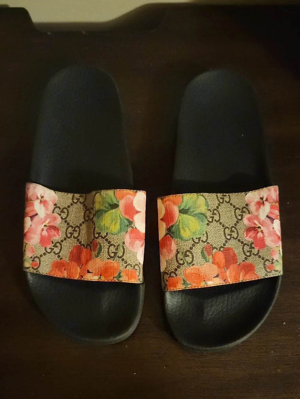 Gucci Floral GG Canvas Slide Sandals - Black, Pink, Green, Orange - Picture 1 of 4